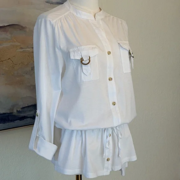 Michael Kors White Cotton Utility Shirt with Gold MK Hardware & Drawstring Waist - Picture 4 of 16